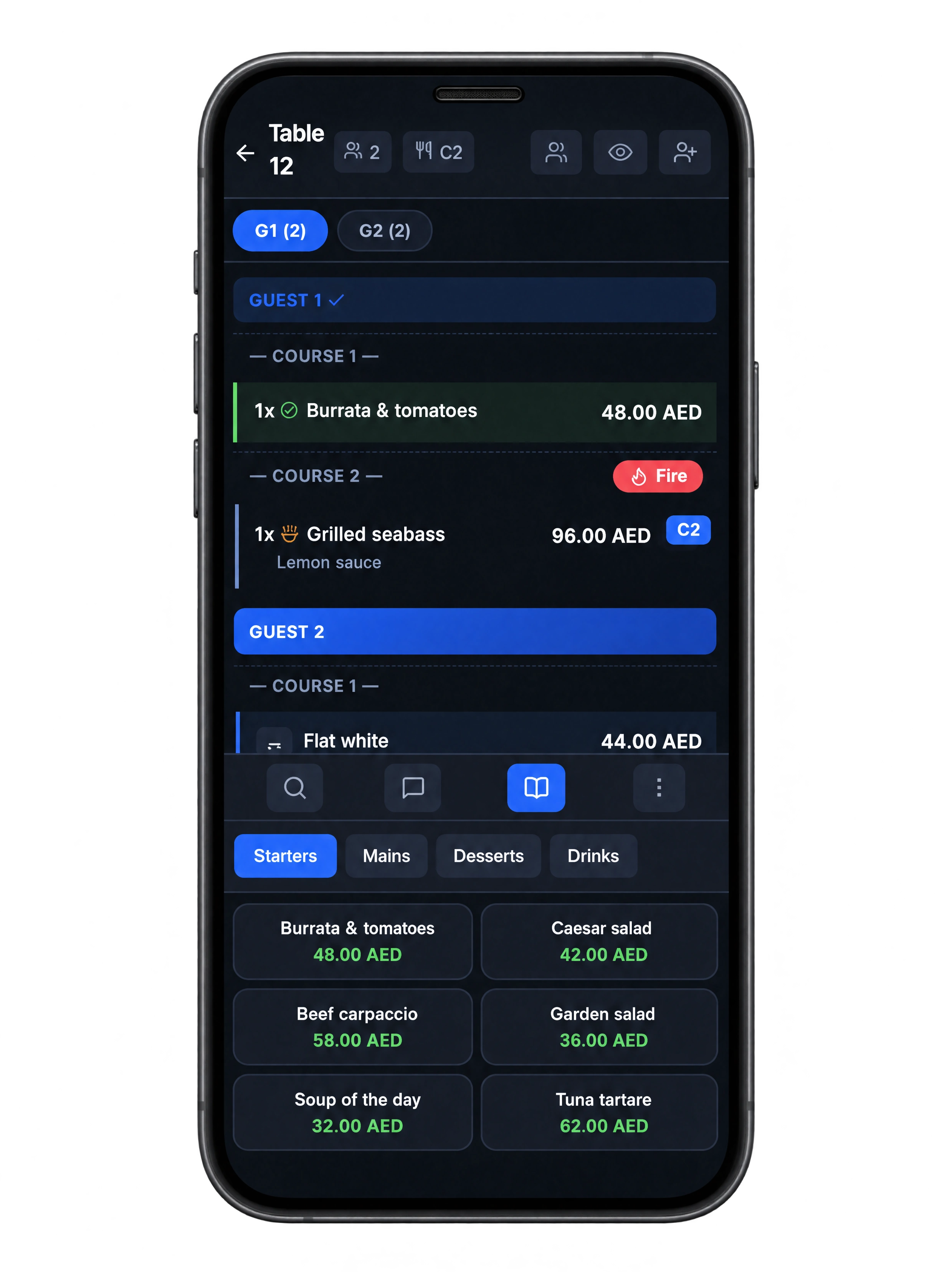 HoreX Waiter App in a phone mockup, showing an example table order, guests, courses and menu