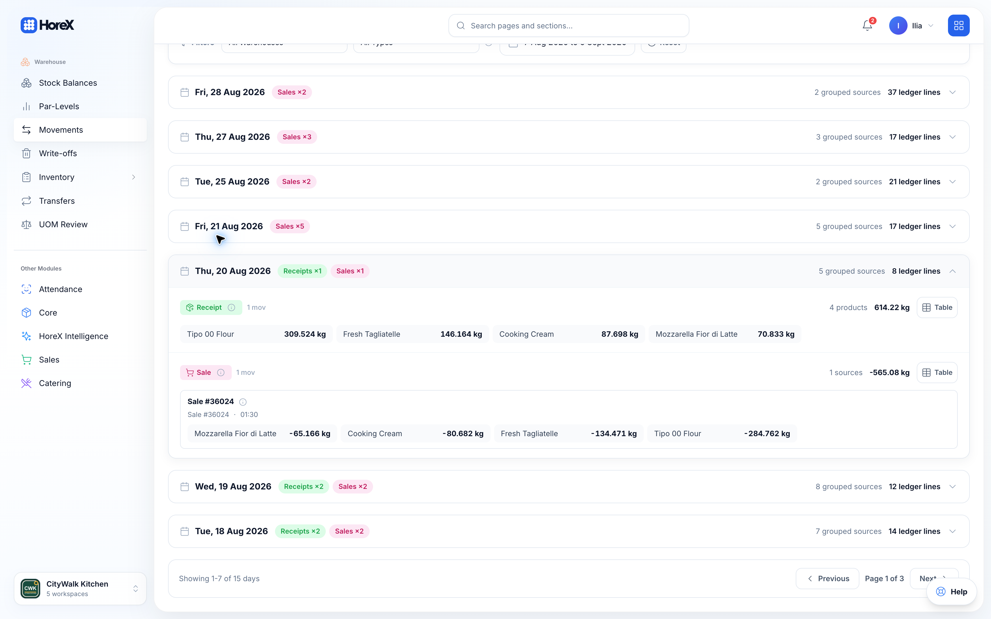 HoreX stock movements showing a receipt and ingredient write-offs linked to a sale