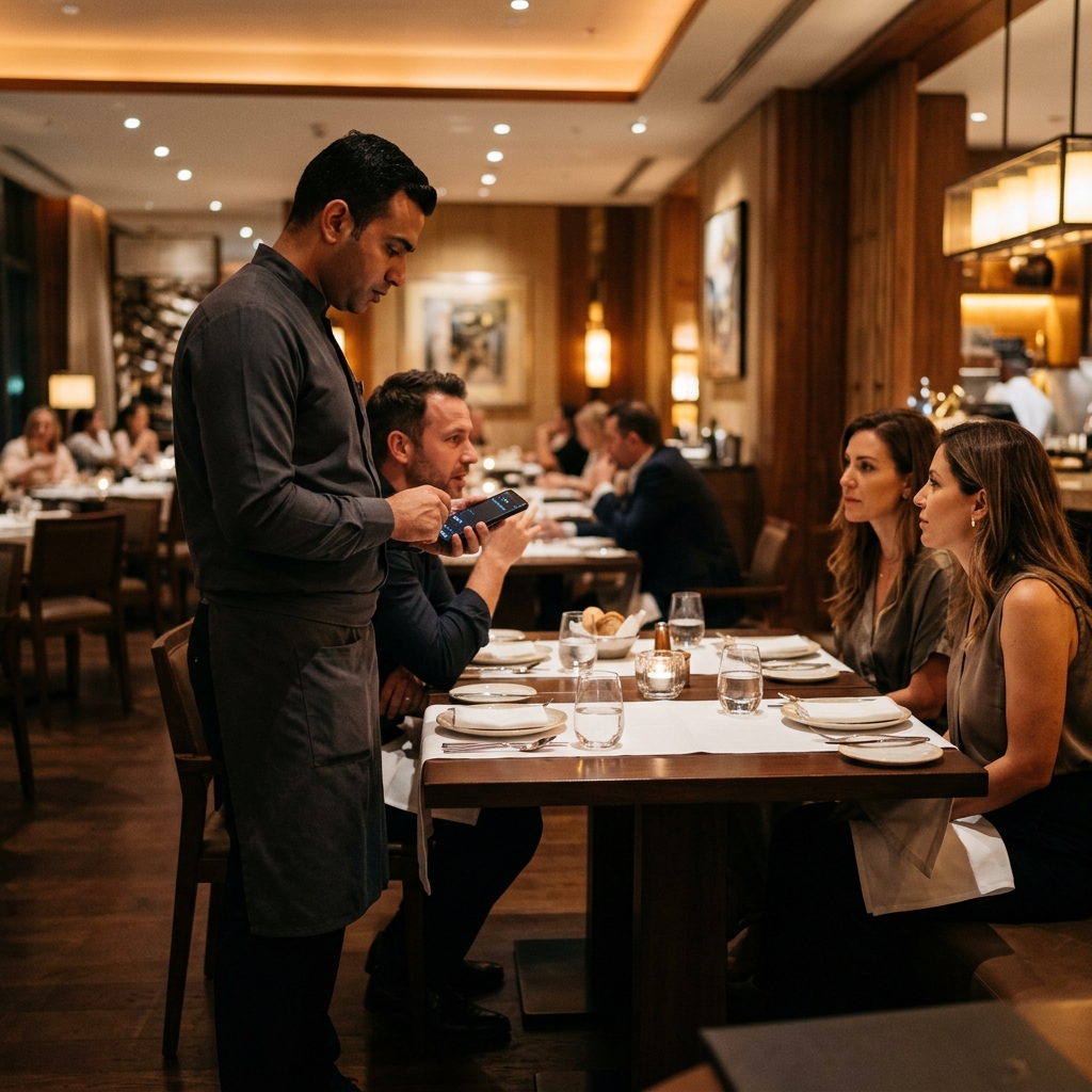 A waiter taking an order on his phone beside a restaurant table